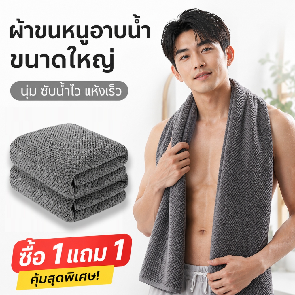 【ซื้อ1แถม1】ขนาดใหญ่พิเศษ ผ้าขนหนู นุ่มมาก เบา แห้งไว ไม่มีกลิ่นอับ ขนาด140*70 cm วัสดุ Polyester+ฝ้าย พร้อมส่ง