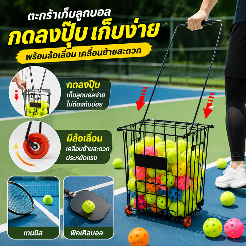 【ที่เก็บของ】รถเข็นเก็บลูกเทนนิส 72 ชิ้น มีล้อ ตะกร้าใส่ลูกเทนนิส สำหรับใช้ในการสอน เหมาะสำหรับใช้งานกลางแจ้ง