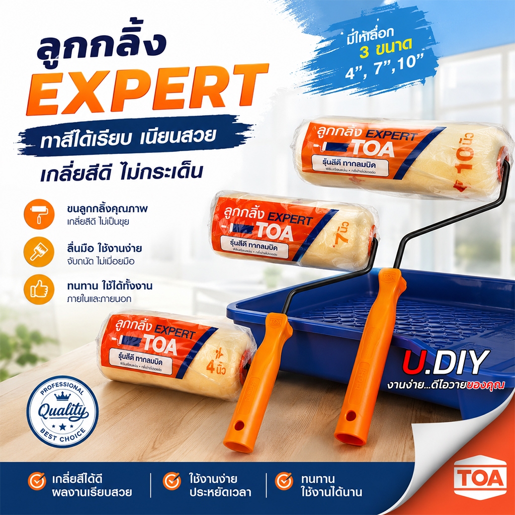 ลูกกลิ้งทาสี ทีโอเอ TOA รุ่น Expert ลูกกลิ้ง เกรดมืออาชีพ สีสม่ำเสมอ ใช้เส้นใย Ultra-Dense ใช้งานได้ สีน้ำ และ สีน้ำมัน