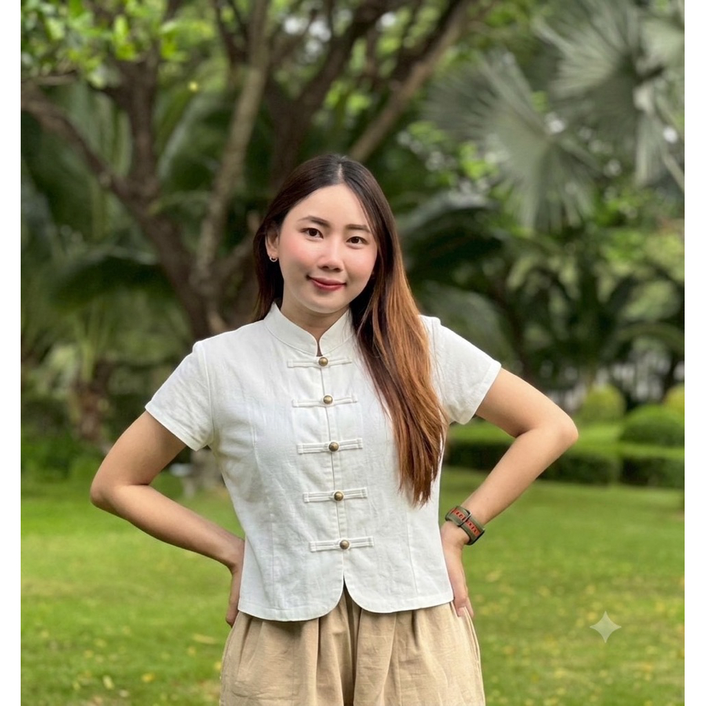 เสื้อผ้าฝ้ายคอจีนชายโค้งแต่งกระดุมทองราคาพิเศษ
