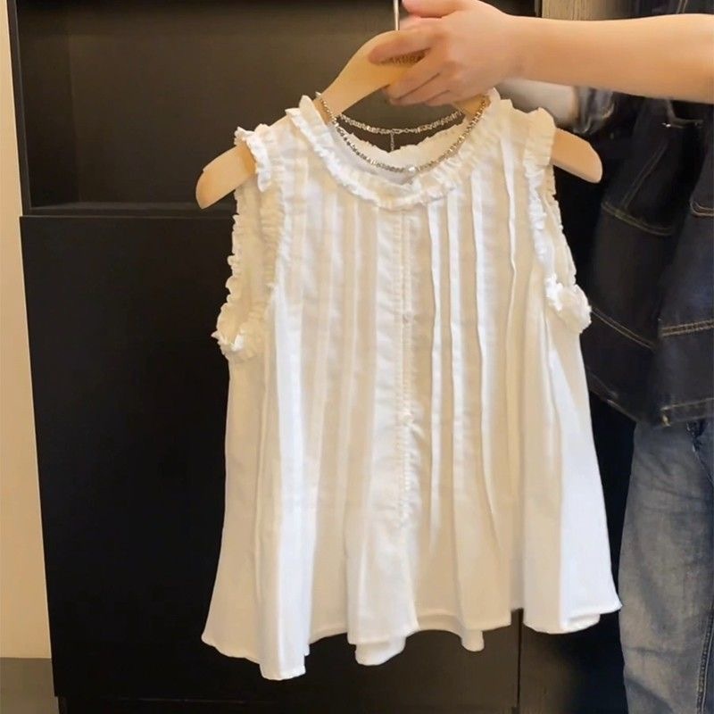 Dahong W723 เสื้อแขนกุดคอกลม เสื้อแขนกุดดีเทลแต่งระบายลุคหวานๆสไตล์เกาหลี