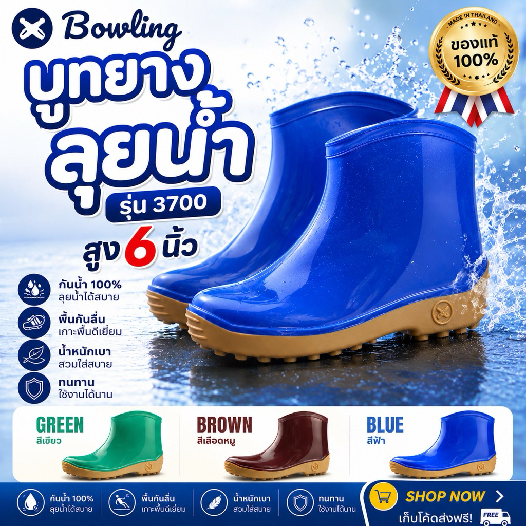 รองเท้าบูทกันน้ำ Bowling สูง 6 นิ้ว
