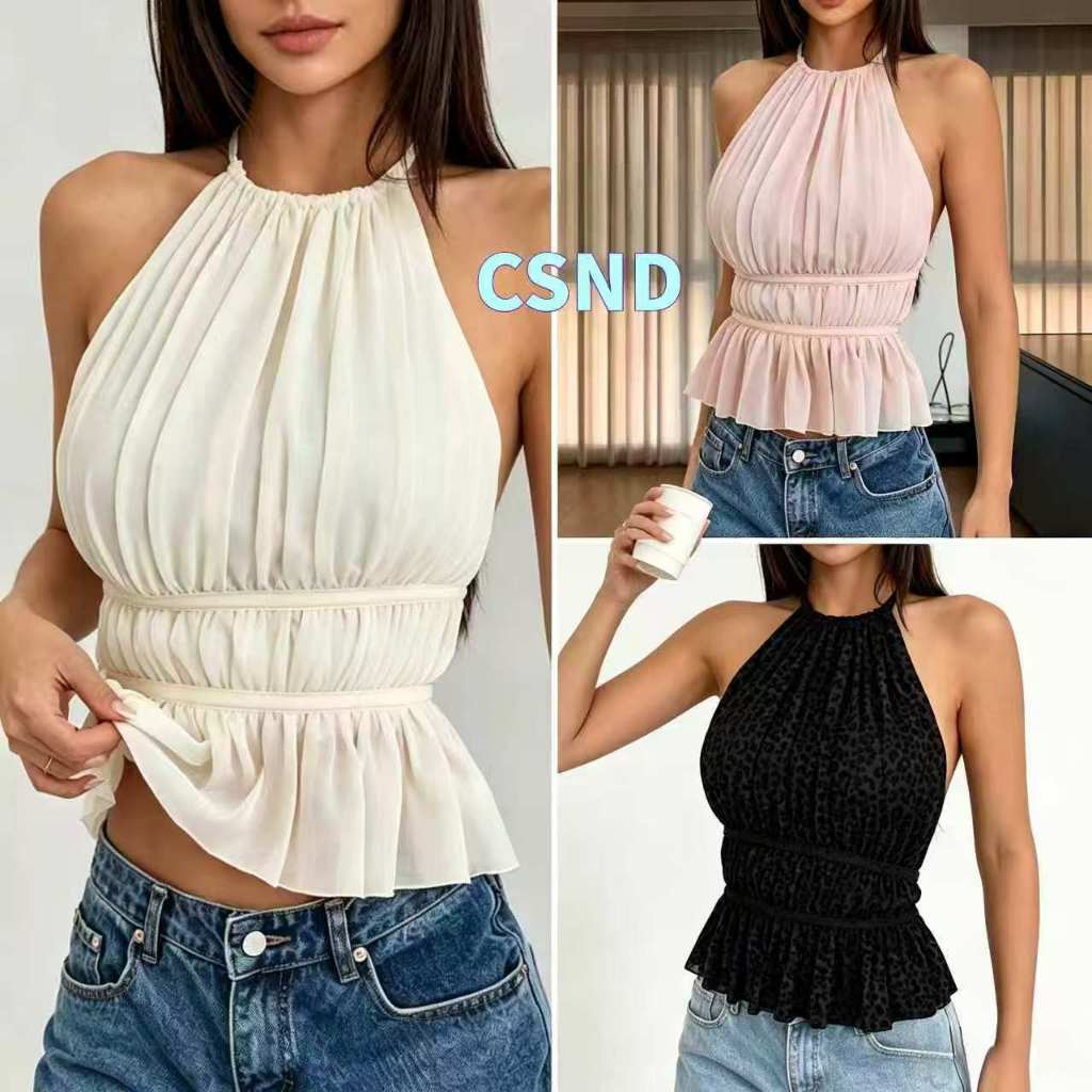 💕【CSND】เสื้อกล้ามคอกลม จีบหน้าอก ผูกเชือกห้อยคอ เปิดหลัง เซ็กซี่ สีพื้น เนื้อนิ่ม ใส่สบาย
