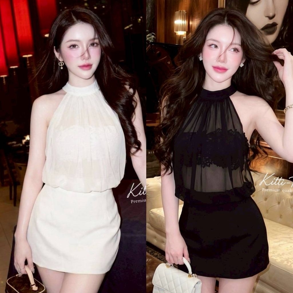 KITTI -T SET (2)ชิ้น ครีมสุดหรู ดีไซน์เรียบโก้ผ้าชีฟองเนื้อละเอียด มีความโปร่งแสง มาพร้อมเกาะอกงานลูกไม้ปักสีครีม