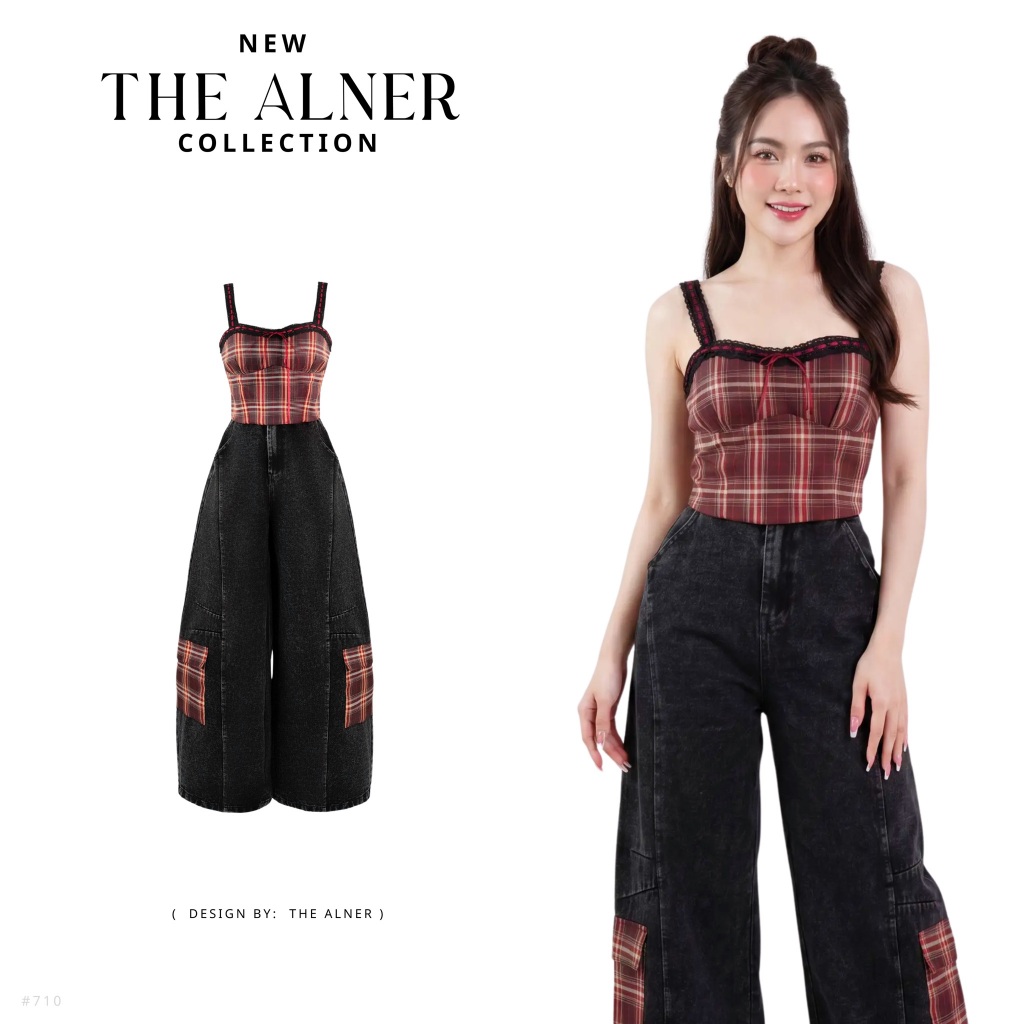 Thealner-AN710 (เซตเสื้อสายเดี่ยวลายตารางแดงกางเกงยีนส์แต่งกระเป๋าคาโก้)
