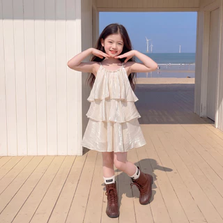 PRINCESS KESLI ชุดเดรสแขนกุด คอกลม แต่งระบาย แต่งระบาย หลายชั้น สีเบจ สไตล์เจ้าหญิง สําหรับเด็กผู้หญิง 2-9 ปี