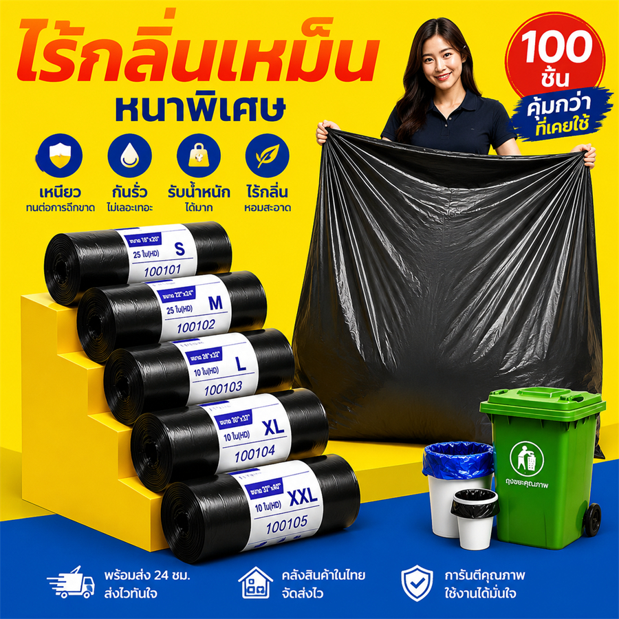 ถุงขยะหนาพิเศษ 100pcs กันรั่ว กันน้ำ เหนียวทน ไม่ขาดง่าย รับน้ำหนักดี ใช้งานง่าย จุได้เยอะ เหมาะสำหรับบ้านและสำนักงาน