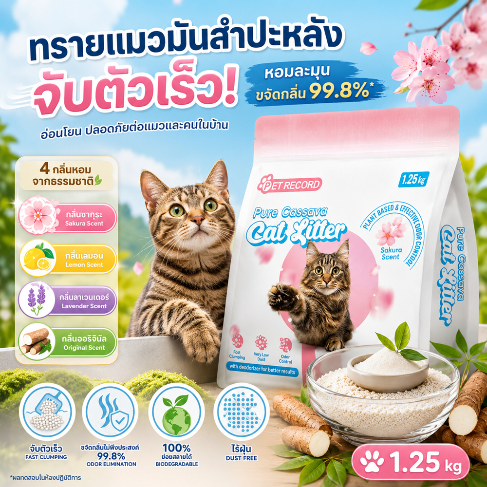 【PET Record】ทรายแมวมันสำปะหลัง ทรายแมวผสมธรรมชาติ ทรายแมวออร์แกนิค 8L/1.25KG จับตัวเป็นก้อนเร็ว กลิ่นหอม