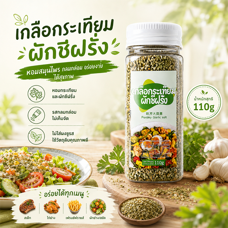 [จัดส่งไว]เกลือผสมพาร์สลีย์กระเทียม เครื่องปรุงรสสำหรับอาหารสุขภาพ ผักต้ม สเต็ก พาสต้า สลัด 110g