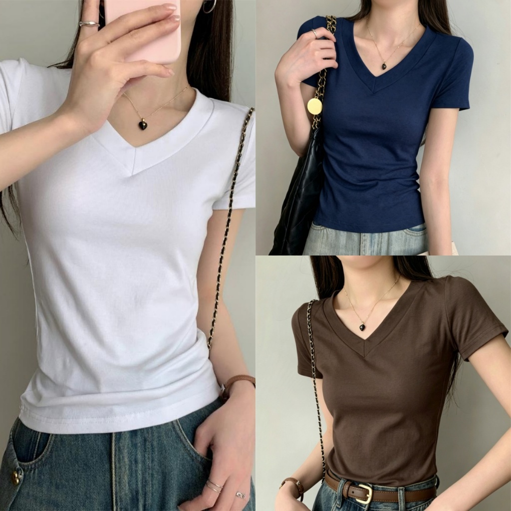 Beryl เสื้อยืดแขนสั้นสีขาวคอวีลำลอง เสื้อยืดสีทึบขั้นพื้นฐาน ผ้าเนื้อนุ่ม ใส่สบาย กระชับสัดส่วน