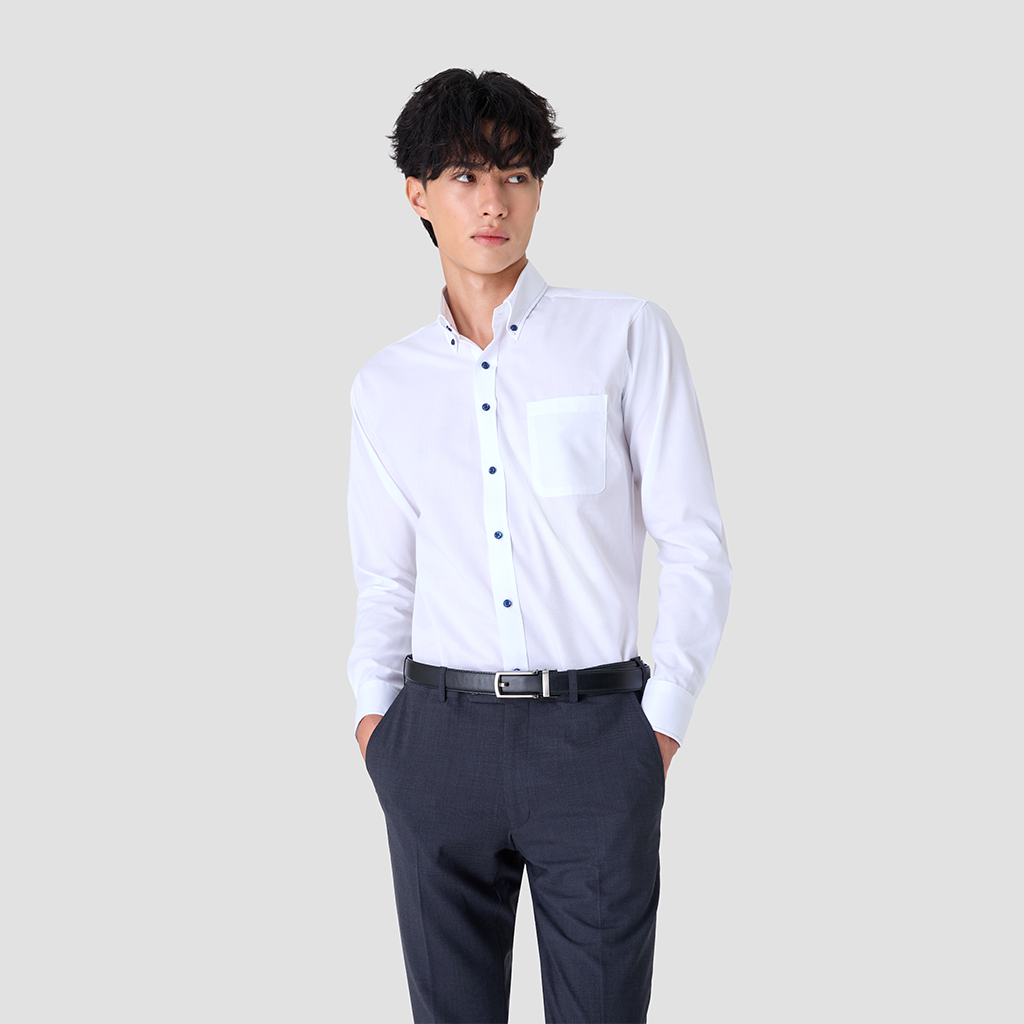 SUIT SELECT Button Down Dobby Shirt (White) เสื้อเชิ้ตผู้ชายสีขาว ทรงสลิม เสื้อเชิ้ตทำงาน
