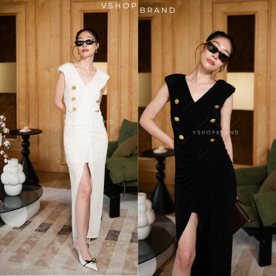 พร้อมส่ง Maxi เดรสแขนกุดกระดุมทอง จับจีบเอว ผ่าหน้า งานป้ายvshopbrand