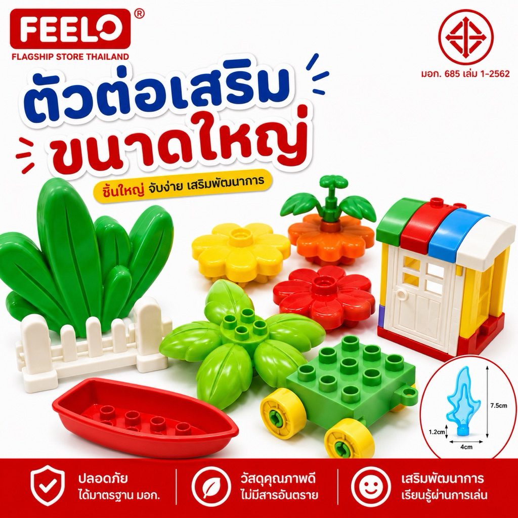 FEELO อุปกรณ์เสริม 2 Accessories ชุดต้นไม้–หลังคาบ้าน–ชิ้นส่วนประกอบ (บล็อกตัวต่อขนาดใหญ่)