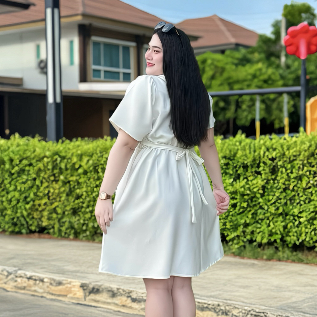 S153เดรสคอเหลี่ยมแต่งโบว์ ด้านหลังมียางสม็อค&มีโบว์ผูก รูปที่ 4