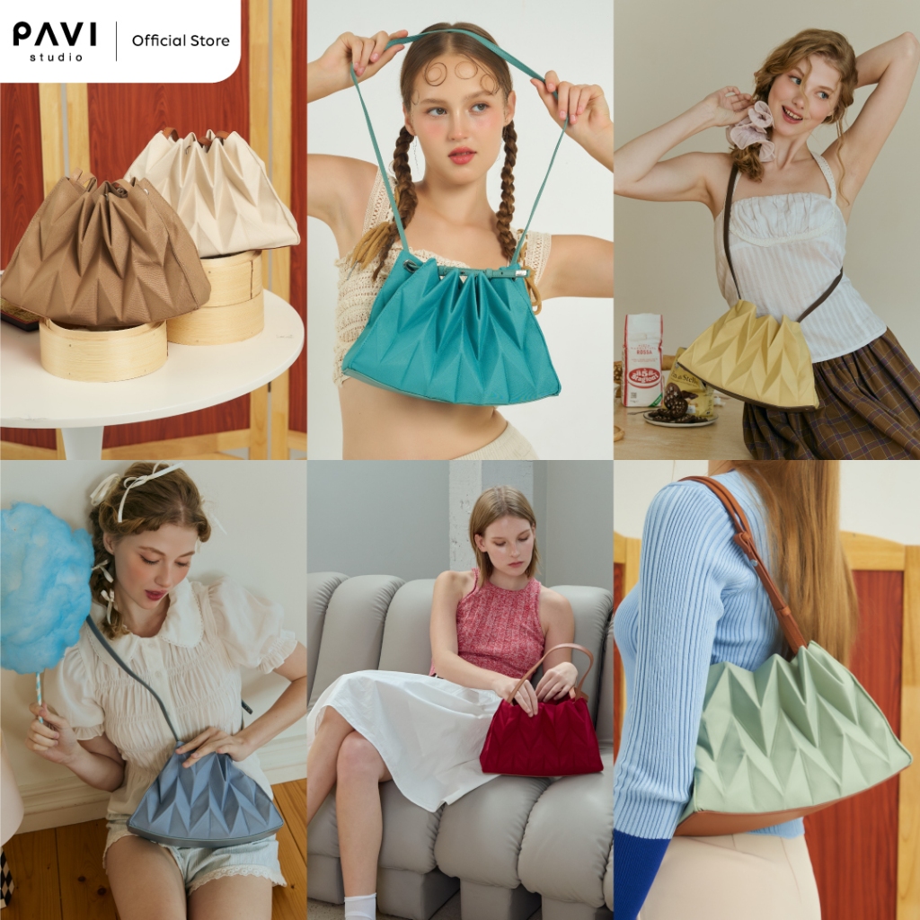 (Ready to ship) Pavi Studio - W gyoza กระเป๋าผ้าอัดพลีทลาย W ฐานหนังแท้ มี 12 สี