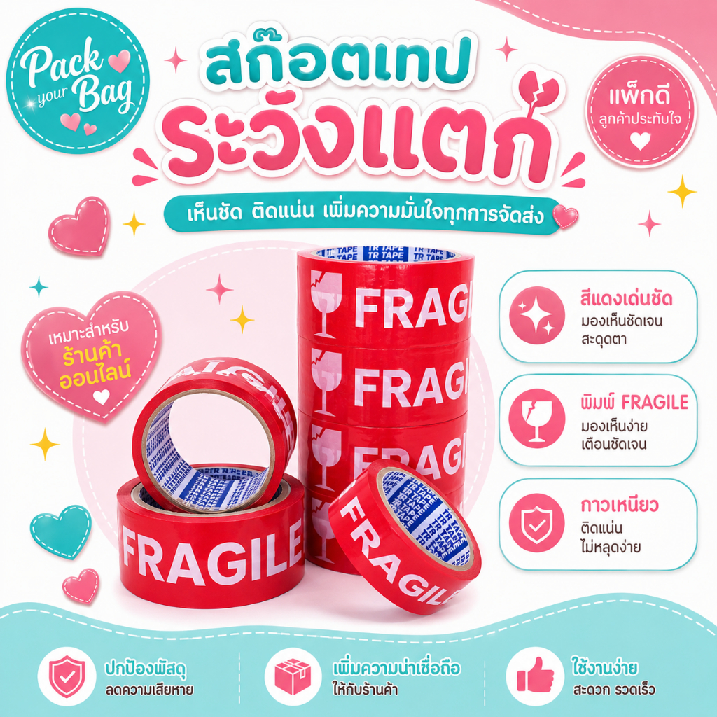 สก็อตเทป เทประวังแตก สีแดง 48 มม. x 100 หลา เทปกาวสำหรับพัสดุและกล่องสินค้า