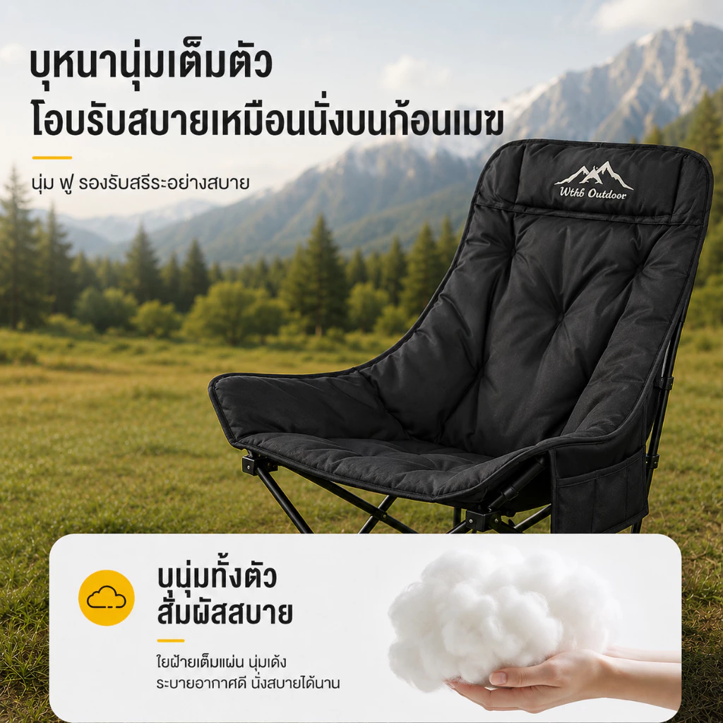 เก้าอี้แคมป์ปิ้ง เพิ่มผ้าฝ้าย พนักพิงสูง เก้าอี้สนาม เก้าอี้สนามพับได้ ปิคนิค รับน้ำหนัก 300KG thumbnail 3