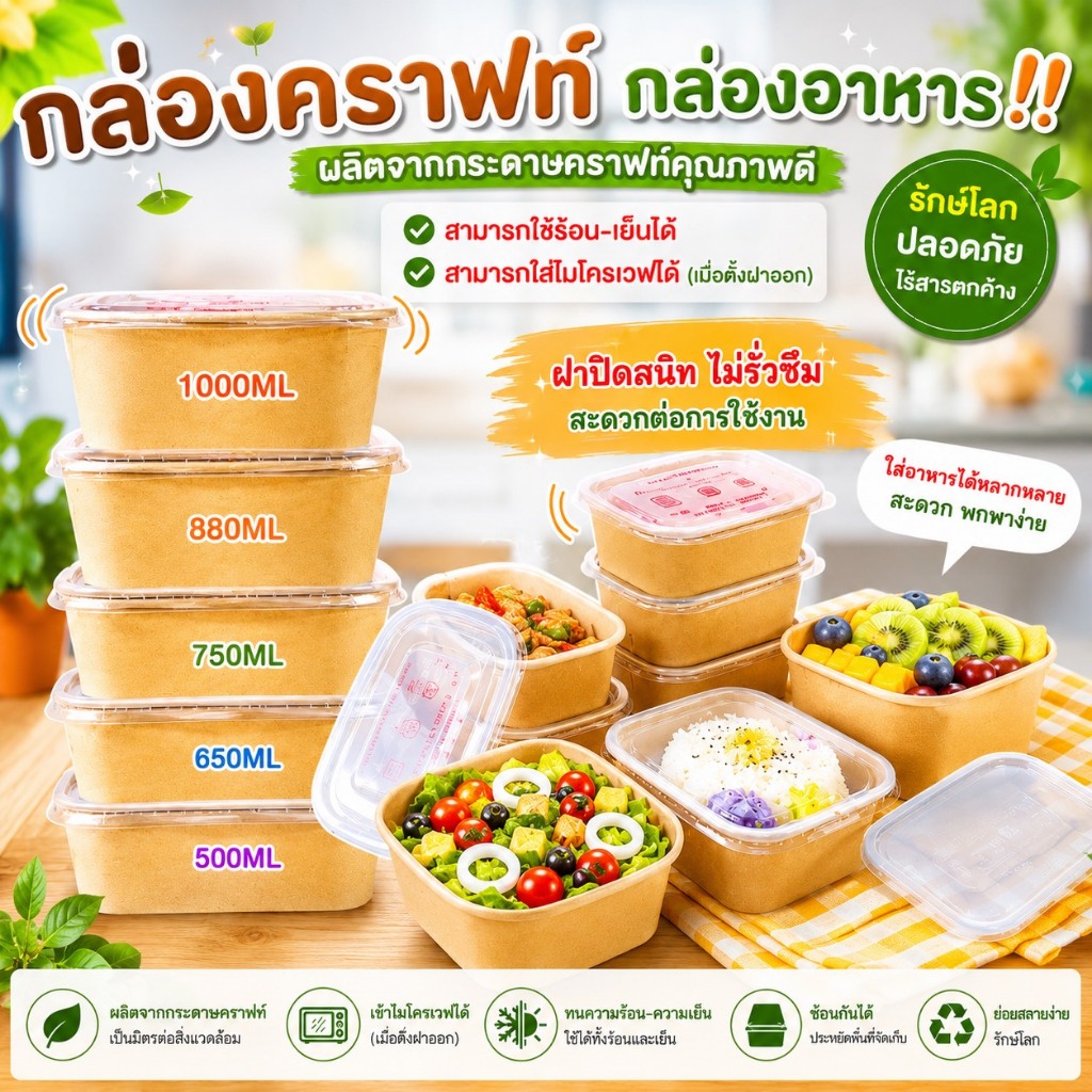 กล่องคราฟท์ สี่เหลี่ยม(50ชิ้น)พร้อมฝาใสPP รุ่นหนา เกรดAไม่บาง กันน้ำรั่วซึม  กล่องคราฟ กล่องข้าวคราฟท์ กล่องอาหารกระดาษ