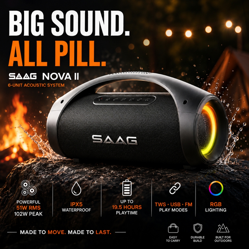[ส่งฟรี] SAAG NOVA II ลำโพงบลูทูธ 51W เสียงกระหึ่ม ไฟRGB Light Bluetooth 5.3 กันน้ำ IPX5 แบค3000mah TWS Stereo ลำโพงพกพา