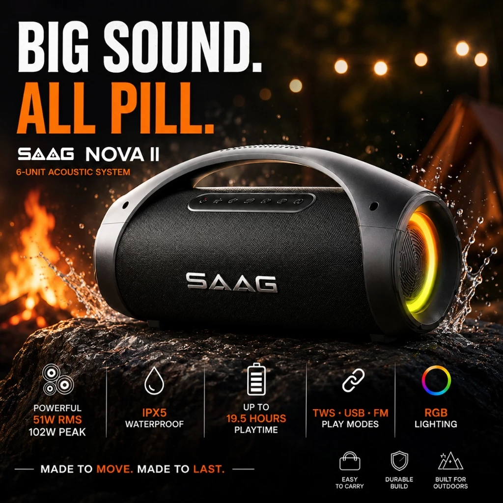 [ส่งฟรี] SAAG NOVA II ลำโพงบลูทูธ 51W เสียงกระหึ่ม ไฟRGB Light Bluetooth 5.3 กันน้ำ IPX5 แบค3000mah TWS Stereo ลำโพงพกพา