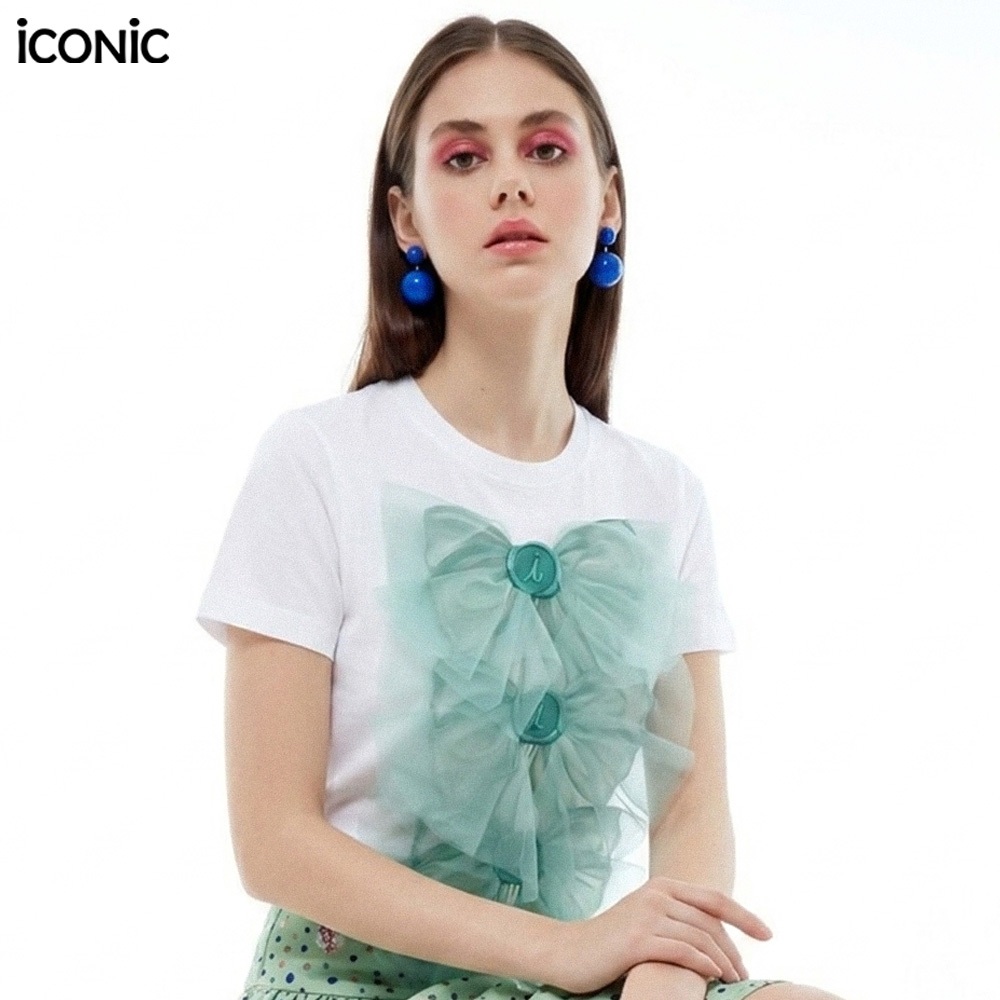 iCONiC GREEN FLEECY T-SHIRT #6365 เสื้อยืด พิมพ์ลาย โบว์ ระบายตาข่าย เสื้อยืดแฟชั่น เสื้อยืดผญ