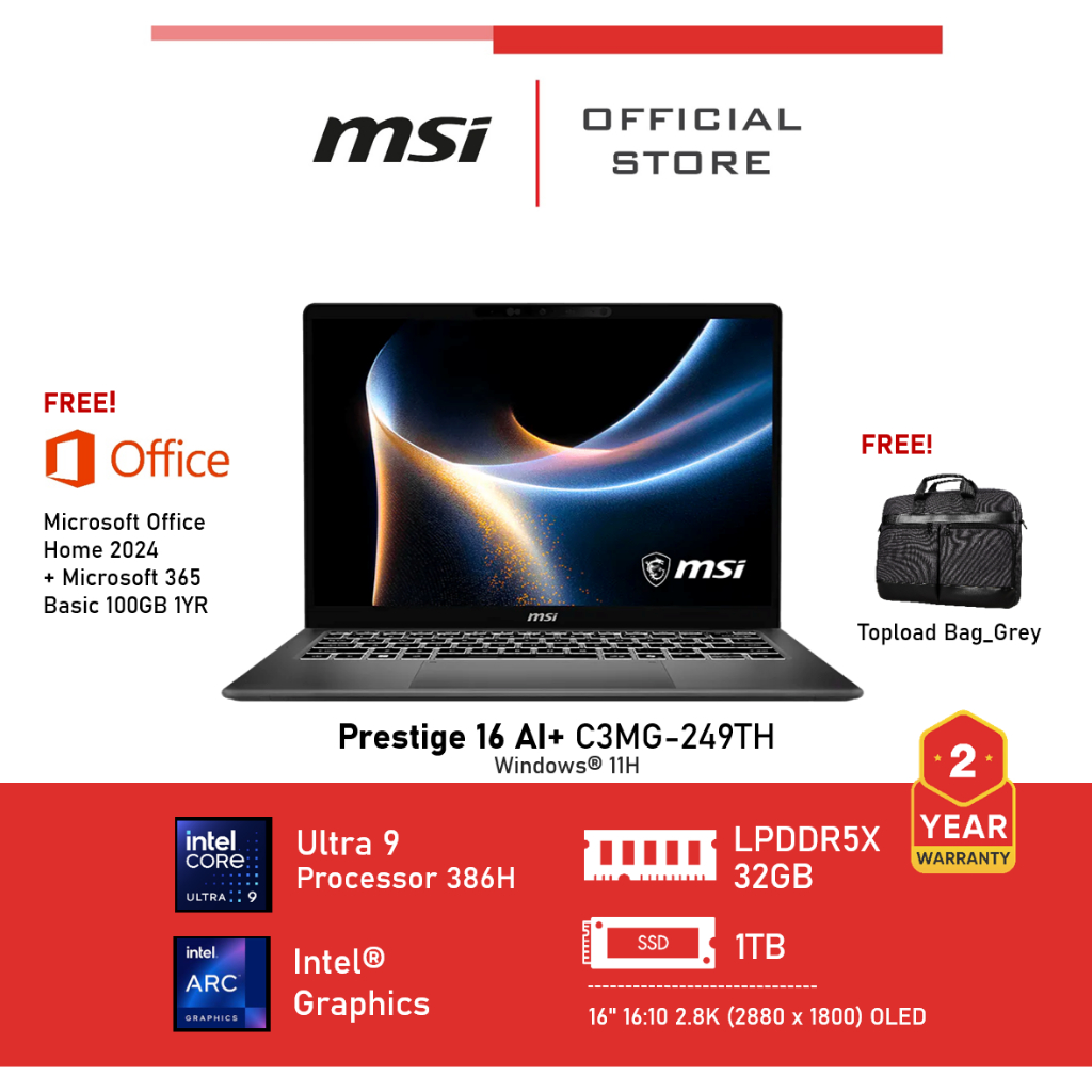 MSI Prestige 16 AI+ C3MG-249TH (Intel® Arc Graphics) Platinum Gray Laptop