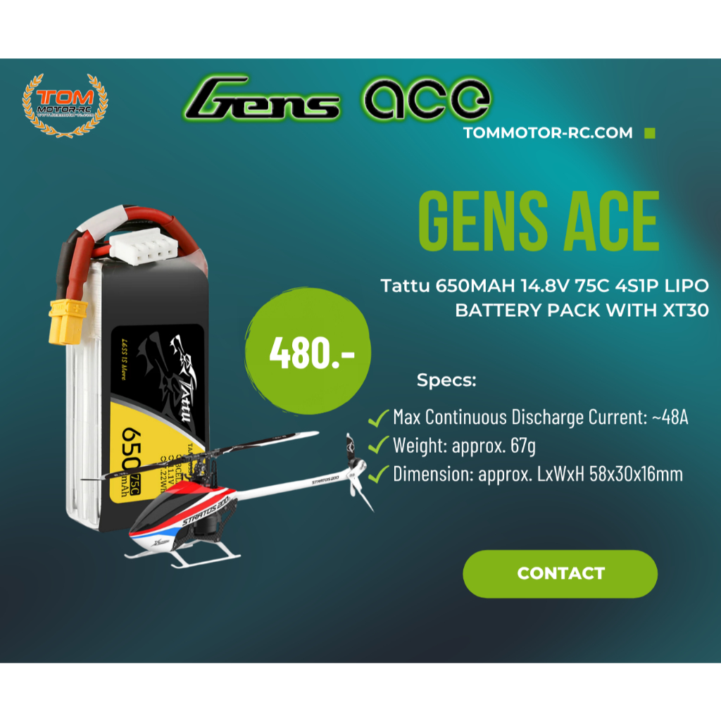 GENS ACE Tattu 650mAh 4S1P 75C 14.8V Lipo Battery Pack with XT30 plug
