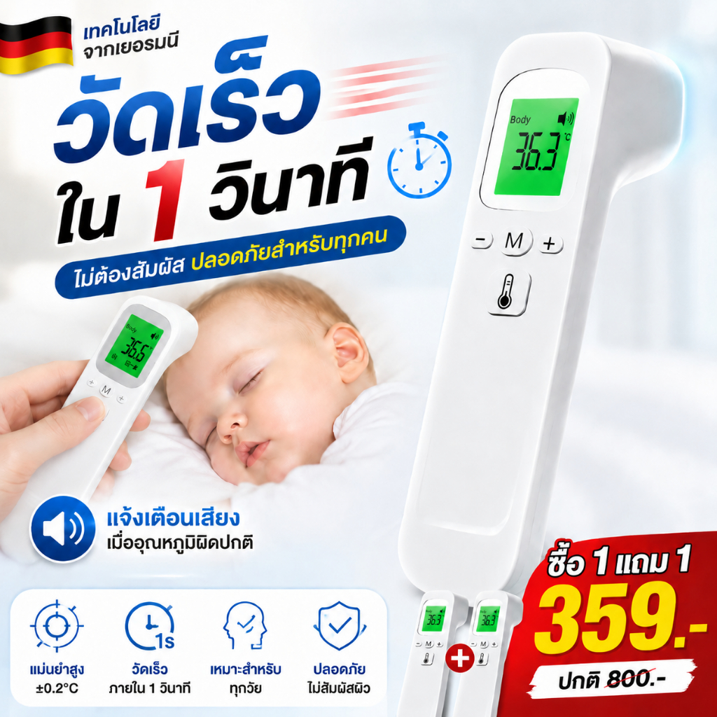 👍รับประกัน 5 ปี👍 เครื่องวัดไข้ดิจิตอล ที่วัดไข้เด็ก👶 วัดใน 1 วินาที ความถูกต้อง100% เครื่องวัดอุณหภูมิอินฟราเรด