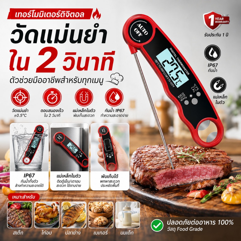 เทอร์โมมิเตอร์อาหารดิจิตอล วัดเร็ว 2 วิ แม่นยำ ±0.5°C กันน้ำ IP67 พับได้ มีแม่เหล็ก
