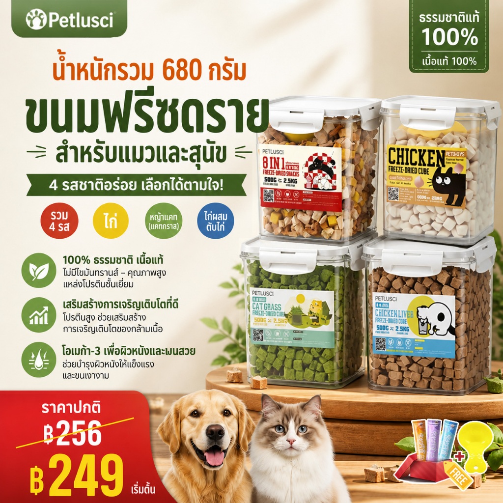 😸6 ชนิด🐶ขนมแมว อกไก่ฟรีซดราย 680กรัม ขนมฟรีซดรายแมว ฟรีซดรายแมว ไม่มีสารปรุงแต่งหรือเจือปนทั้งสิ้น สารอาหารครบถ้วน