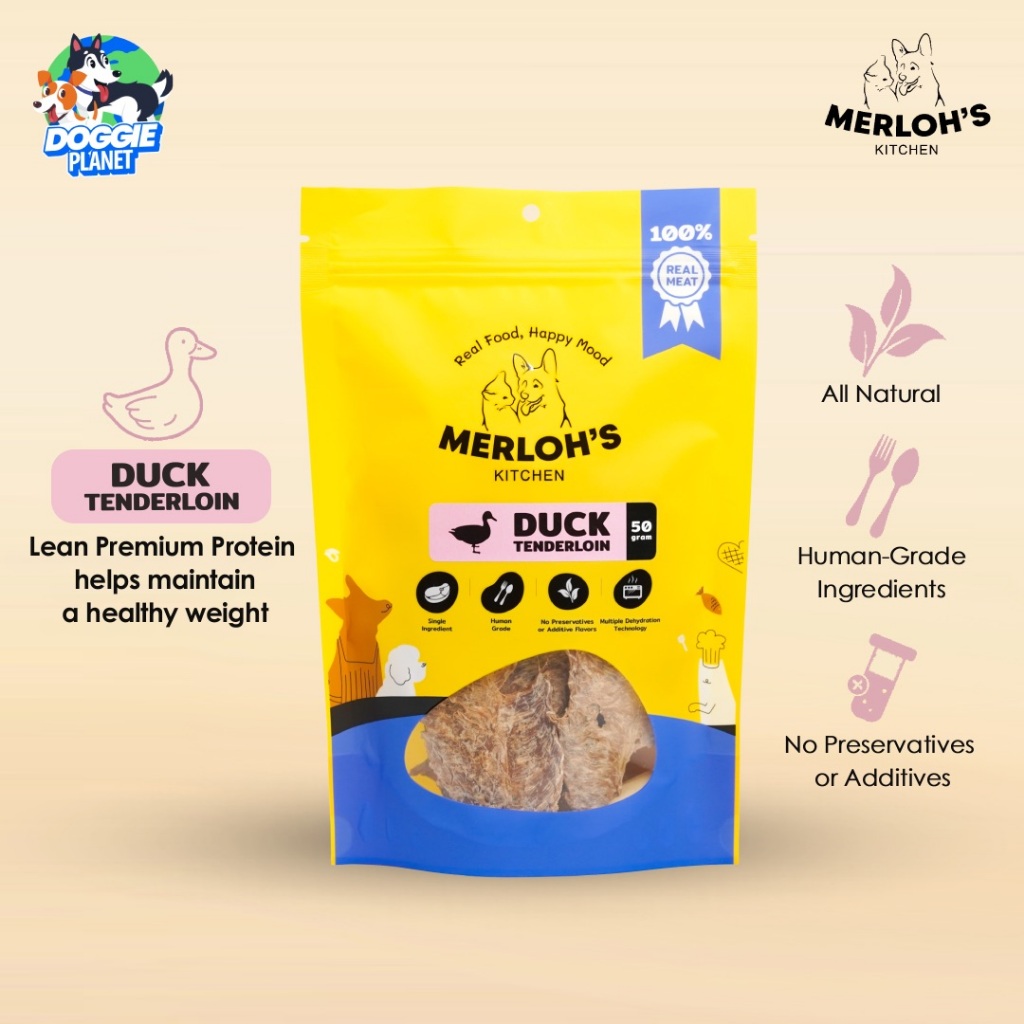 Merloh's Kitchen Duck Tenderloin สันในเป็ดอบแห้ง ขนมสุนัข ขนมแมว ย่อยง่าย โปรตีนสูง ไขมันต่ำ โซเดียมต่ำ 50,80 g