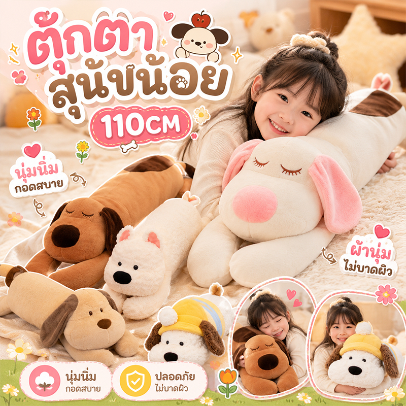 ตุ๊กตาสุนัข ตุ๊กตา หมอนข้างน้องหมา 70/110CM นุ่มนิ่มและน่ารัก ของเล่นตุ๊กตา หมอนอิง