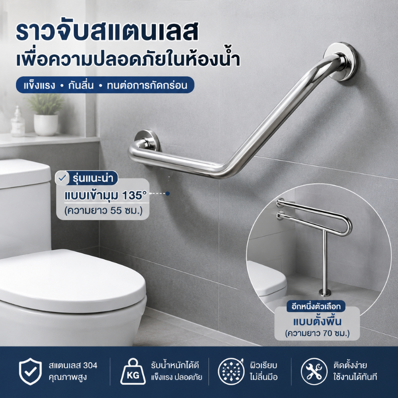 ราวจับห้องน้ำ สแตนเลส 304 Grab Bar 70CM ราวพยุงผู้สูงอายุ กันลื่น ติดผนัง แข็งแรง ทนทาน ปลอดภัย