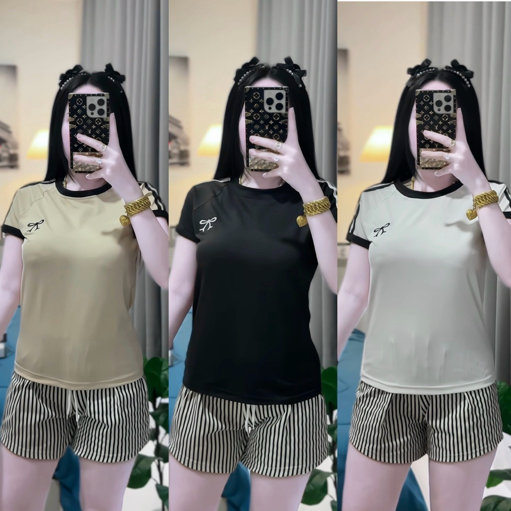 เซ็ตริ้วขาสั้นโบว์น่ารัก เสื้อแขนสั้นปักโบว์+กางเกงขาสั้นลายริ้ว ขนาดฟรีไซด์ ผ้านุ่มใส่สบาย in I