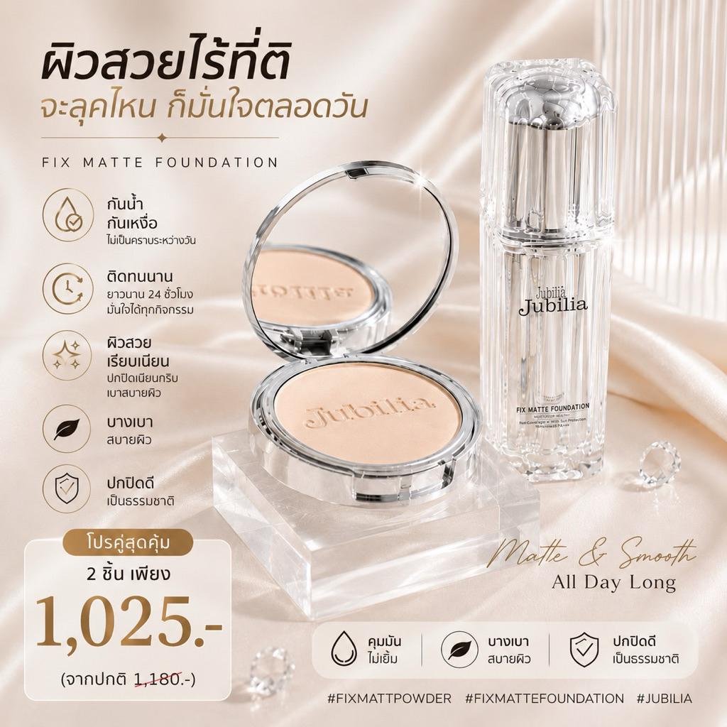 Jubilia เซ็ตรองพื้น+แป้งพัฟล่องหน ของแท้ 100%