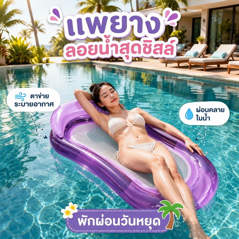 เตียงลอยน้ำเป่าลม แพตาข่ายระบายอากาศ เตียงลมลอยน้ำสำหรับผู้ใหญ่ ใช้ได้ทั้งสระว่ายน้ำและชายหาด