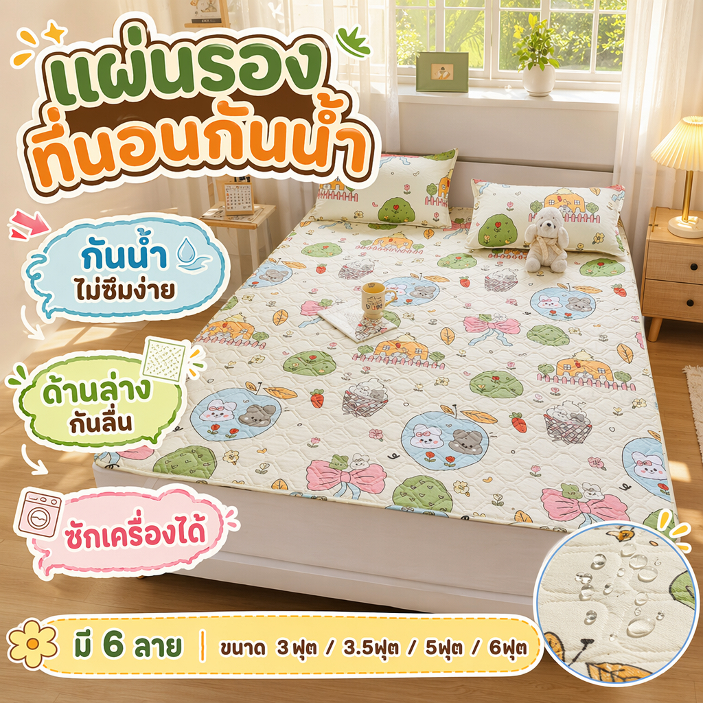 แผ่นรองที่นอนกันน้ำลายการ์ตูน แบบบาง กันเปื้อน พื้นกันลื่น ซักเครื่องได้ ขนาด 3-6 ฟุต