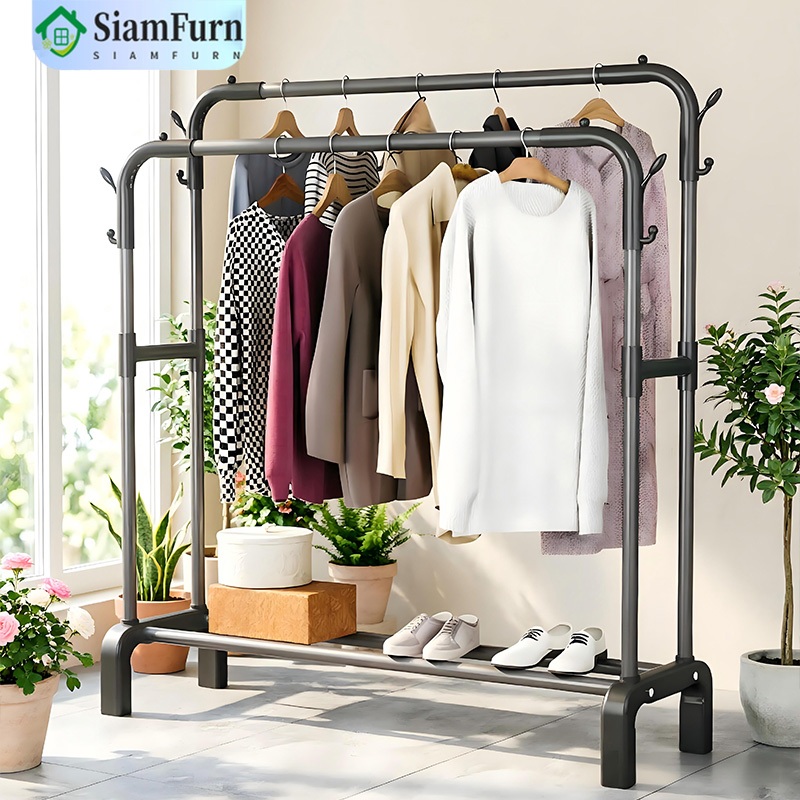 ราวตากผ้า ราวแขวนผ้า150/120/100cm แบบตั้งพื้น แบบเสาคู่หนา แข็งแรง ทนทาน พร้อมเชือกตากผ้า ราวแขวนเสื้อผ้า