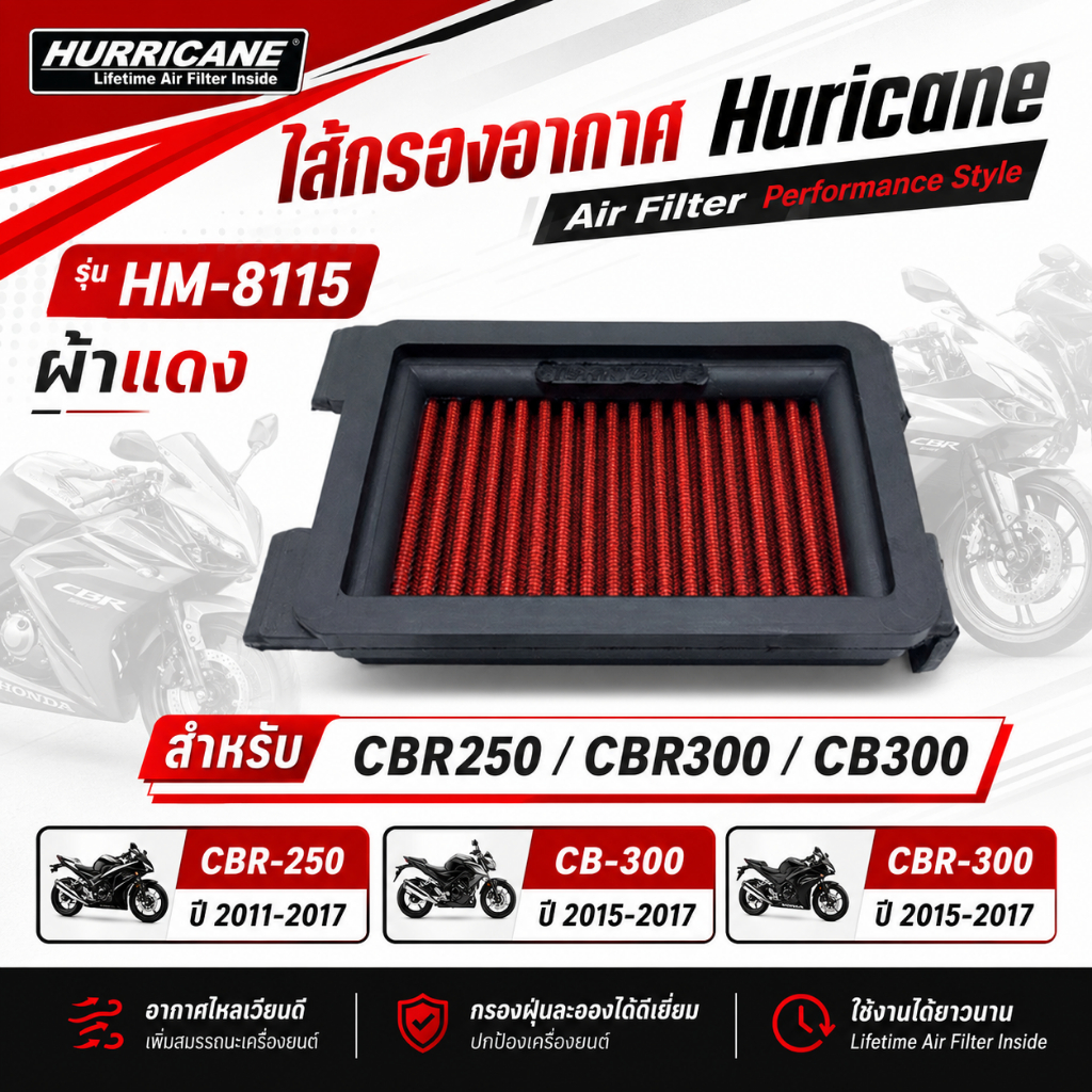 ไส้กรองอากาศ Huricane CBR250-300 CB300  HM-8115 CBR-250'11-17 CB-300'15-17 CBR-300'15-17 (ผ้าแดง)