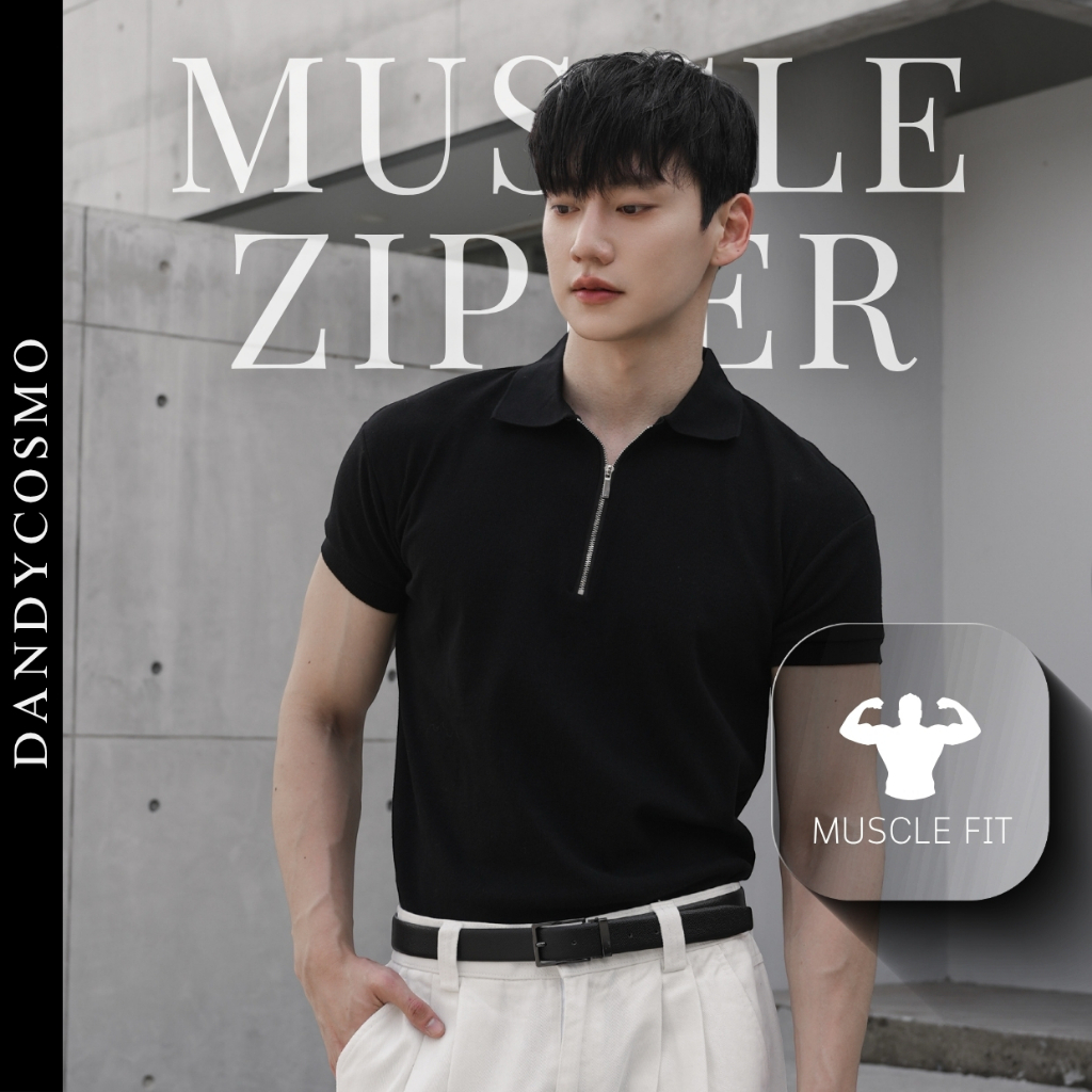 DANDY COSMO | เสื้อ Muscle-Fit Zipper โปโล คอปกซิป เนื้อผ้าร่อง ขนนุ่มพิเศษ ใส่แล้วหุ่นล่ำ หุ่นดีขึ้น