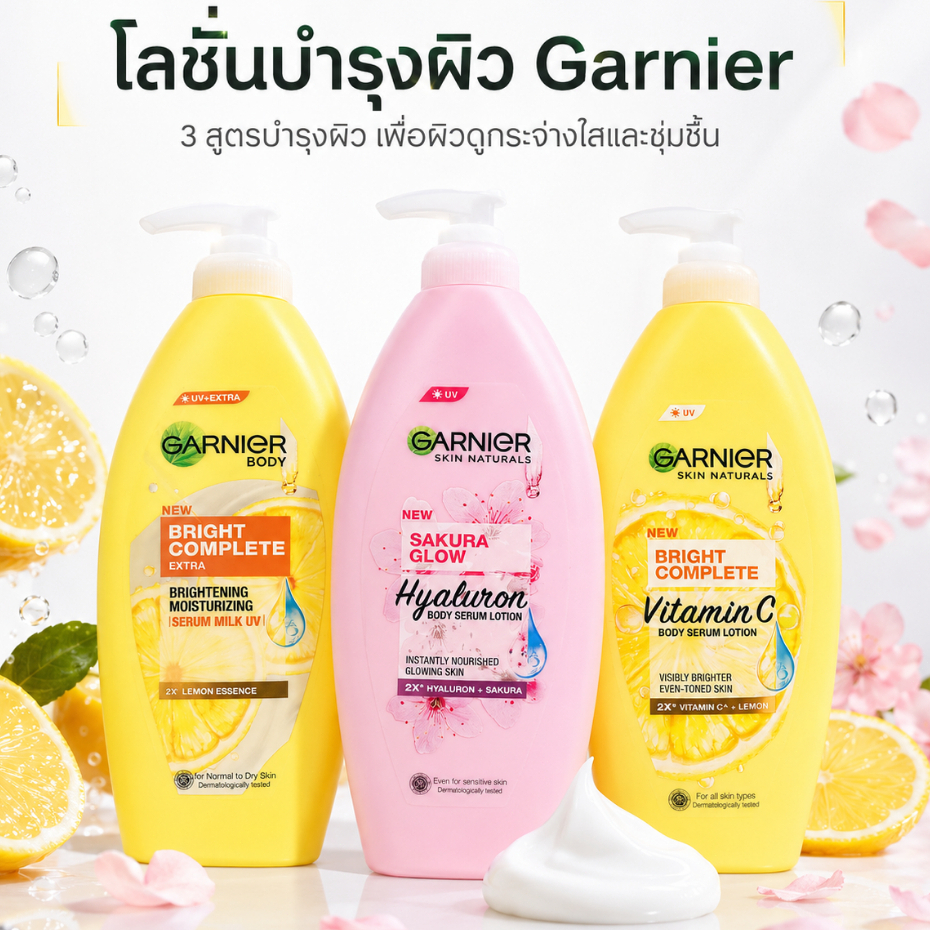 Garnier บอดี้โลชั่น เนื้อบางเบา ซึมซาบไว ชุ่มชื้นตลอดวัน ผิวเนียนนุ่ม กลิ่นหอมนาน มี 3 กลิ่นให้เลือก พร้อมส่ง