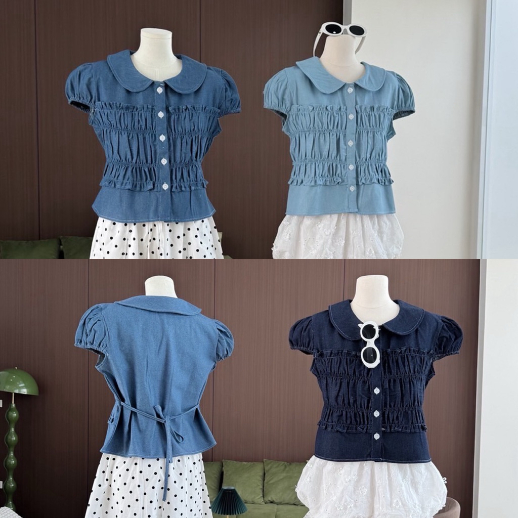 Khun studio เสื้อคอบัวผ้ายีนส์ สม็อคตัว