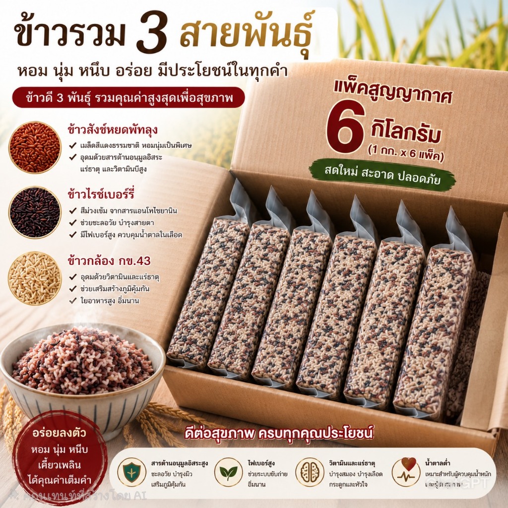 โปรใหม่ ข้าวรวมสามสายพันธุ์ ข้าว3ชนิดแพคสุญญากาศ 6กิโลกรัม อย่างดี เก็บได้นาน ตราทรัพย์ธนา