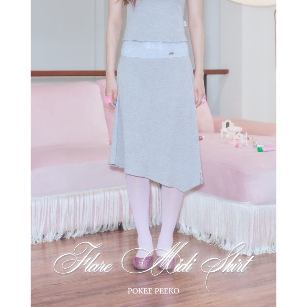 POKEE | FLARE MIDI SKIRT กระโปรงทรงย้วย มีซับใน เอวยืดได้ตามสรีระ