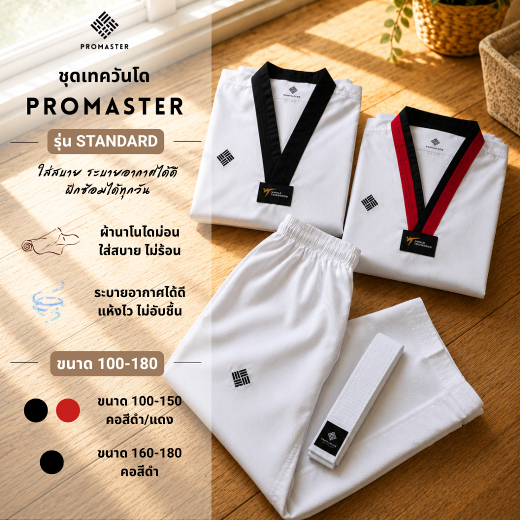 [PROMASTER] ชุดเทควันโด รุ่นสแตนดาร์ด (Standard) แบบครบชุด ฟรีสายคาดสีขาว