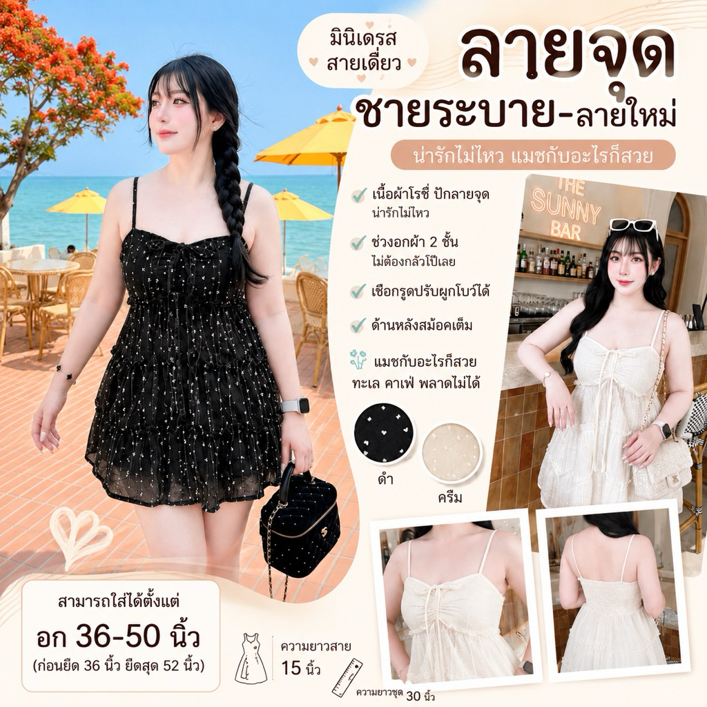 สาวอวบ เสื้อสาวอวบ เสื้อสายเดี่ยว มินิเดรส ชายระบาย ไปทะเล อก 36 38 40 42 44 46 48 50