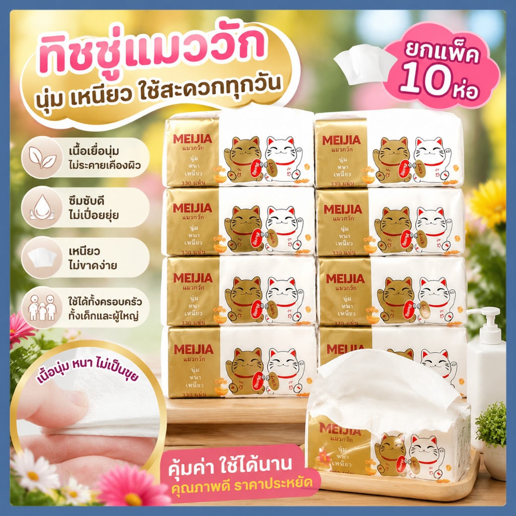 กระดาษทิชชู่ แมกวัก สะอาดใช้งงานง่าย สะอาดไม่ใส่สารฟอกขาว ใช้เช็ดหน้าได้ หนาถึง4ชั้น ใช้สะดวก พกพาง่าย