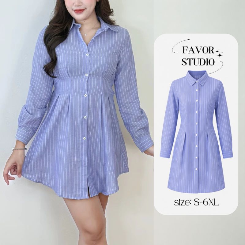 【S-5XL】มินิเดรสสีน้ำเงินลายทาง แขนยาว เข้ารูปเอว คอปก กระดุมขาว สไตล์วินเทจ ใส่ทำงาน เดรสพลัสไซซ์