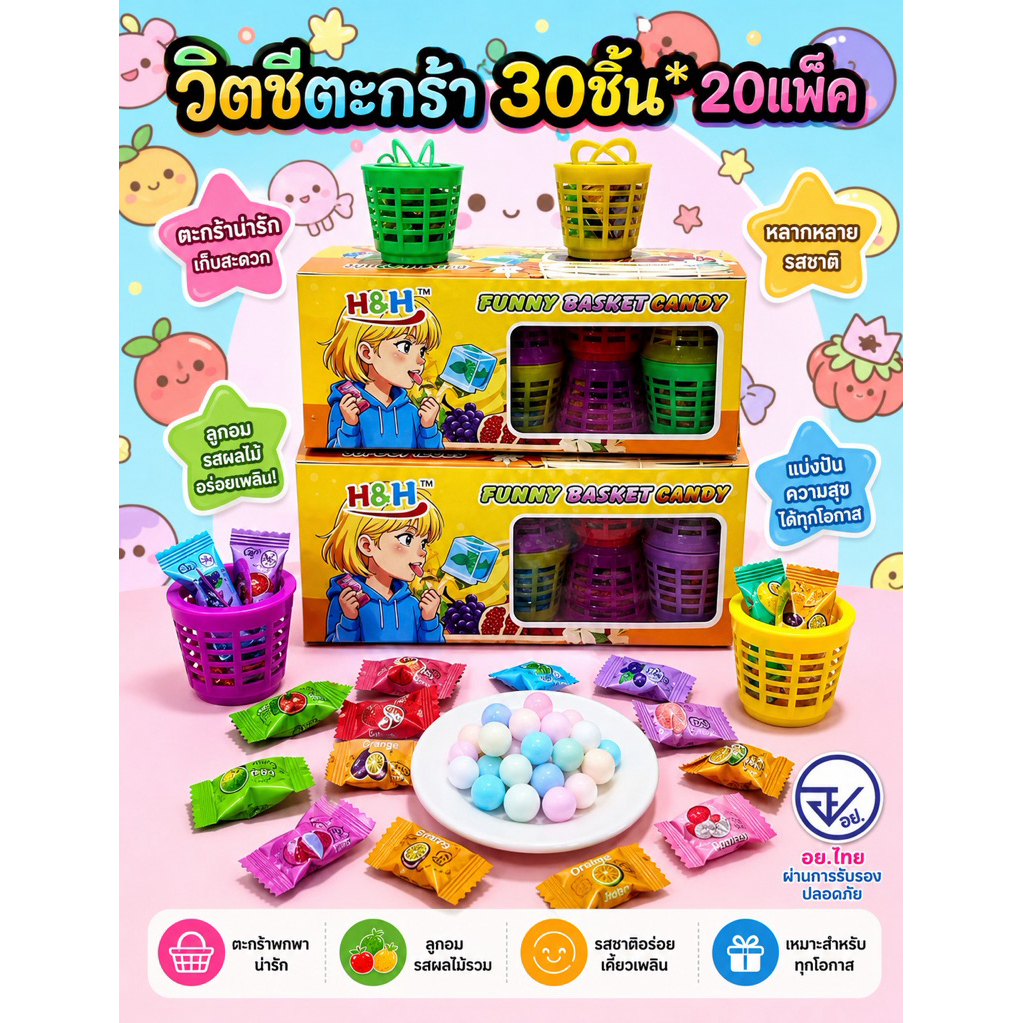 ลูกอมวิตซีคละรสตระกร้า30ชิ้น อย.ไทย วิตซีตระกร้ารสผลไม้ พร้อมส่ง