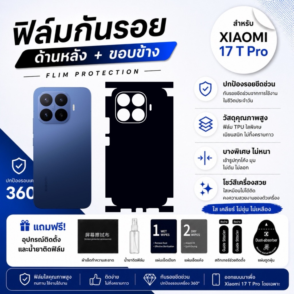 ฟิล์มกันรอย Xiaomi 17T Pro ฟิล์มหลังและขอบข้าง Edge to Edge 1 แถม 1 พร้อมส่ง เก็บปลายทาง